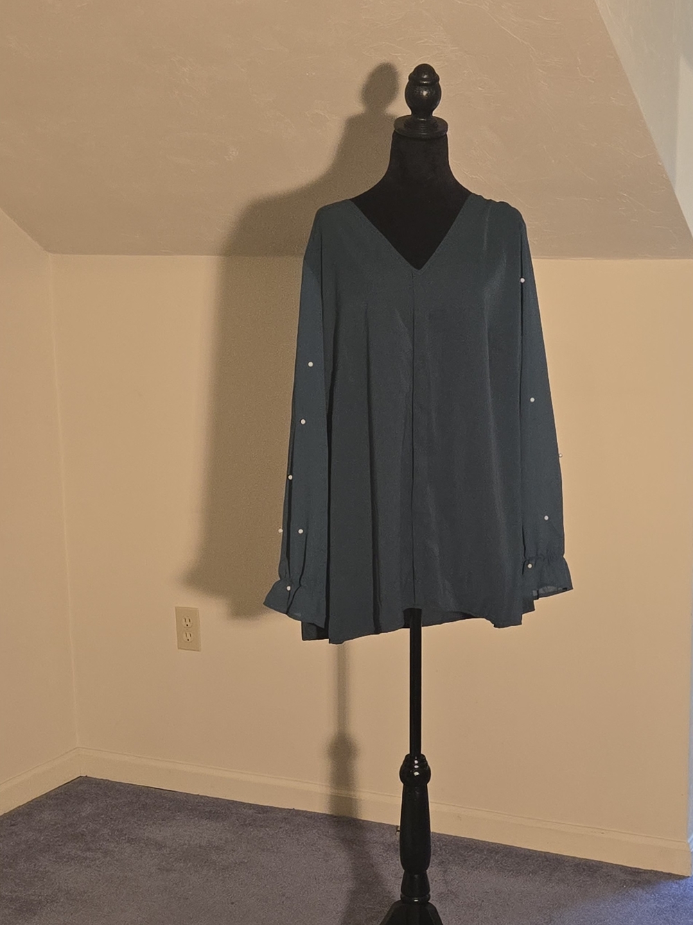 V-Neck Long Sleeve Pearl-Accent Top- Green